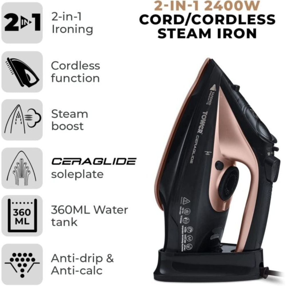 Tower Black & Rose Gold Cordless Steam Iron
