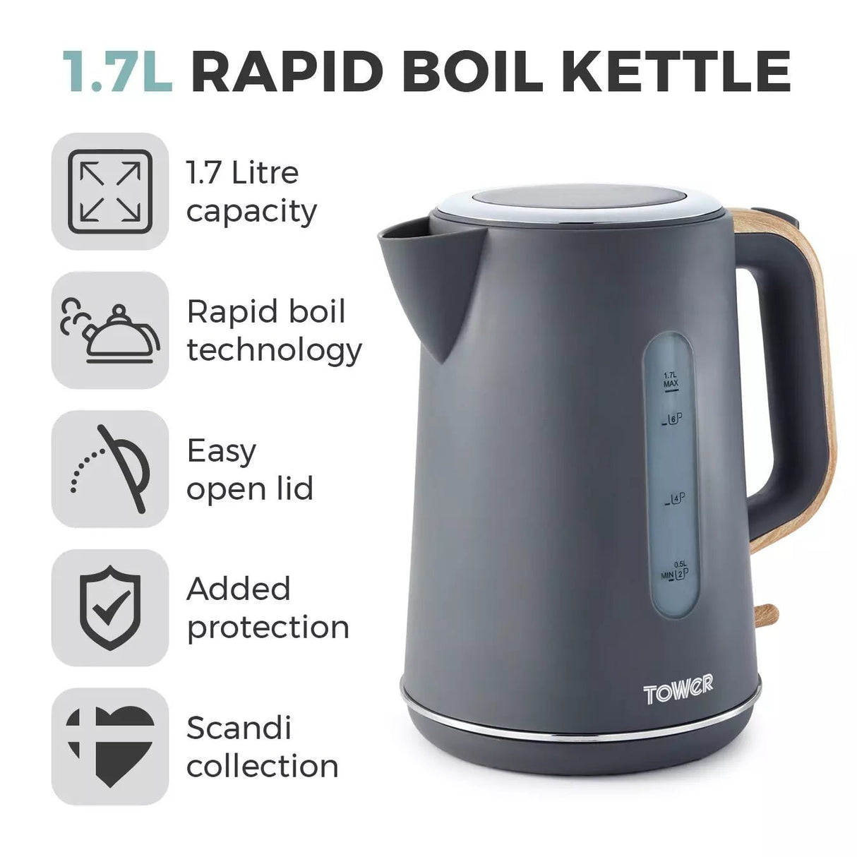 Tower Scandi 1.7L Grey Rapid Boil Kettle - Old Railway Line Garden Centre