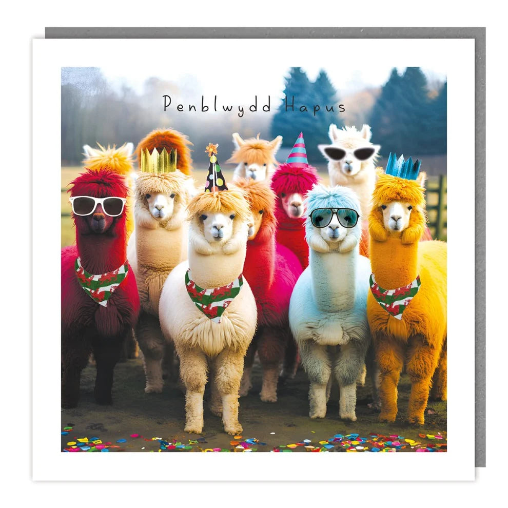 Tracks Publishing Penblwydd Hapus/Happy Birthday Party Llamas Blank Card