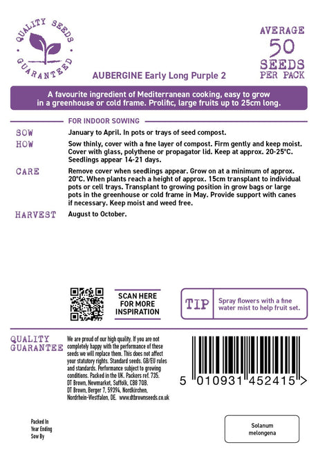 D.T. Brown Early Long Purple 'Aubergine'  Seeds