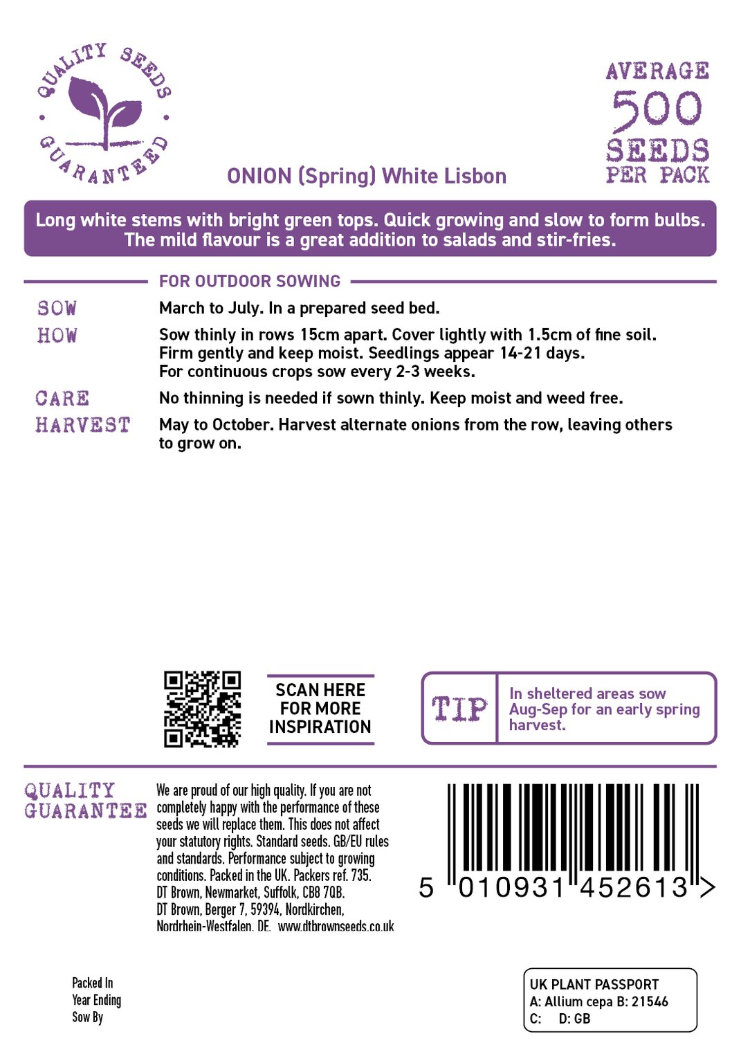 D.T. Brown 'White Lisbon' Spring Onion Seeds