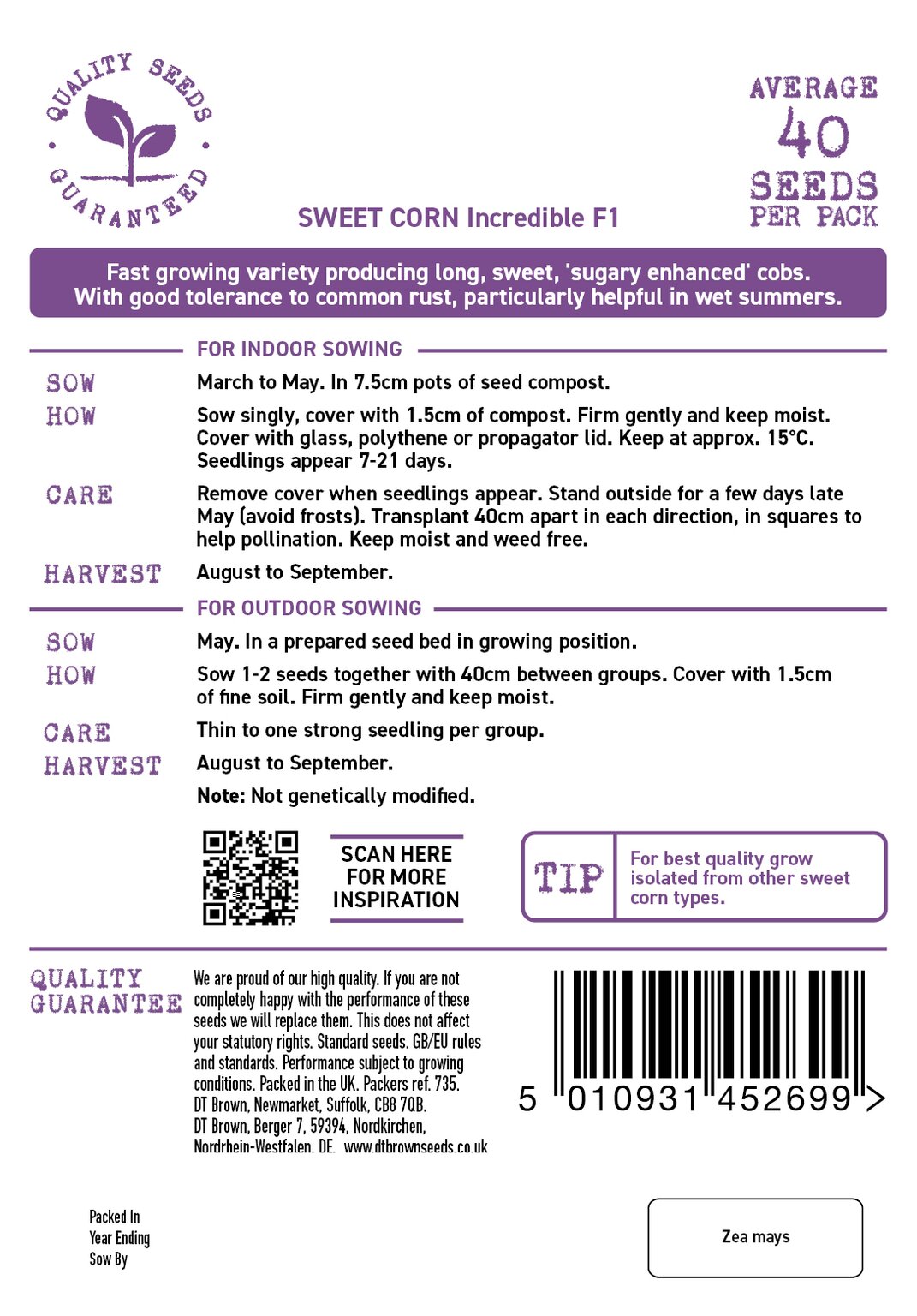 D.T. Brown 'Incredible' Sweet Corn F1 Seeds
