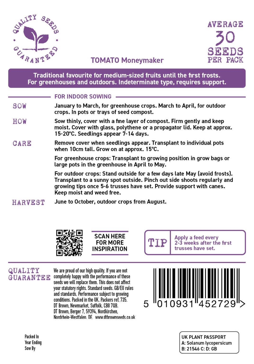 D.T. Brown 'Moneymaker' Tomato Seeds