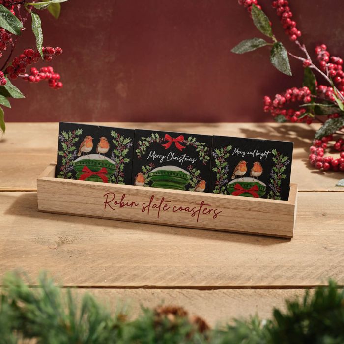 Richard Langs 10cm Robin with Green Postbox & Bow Slate Coasters (Choice of 3)