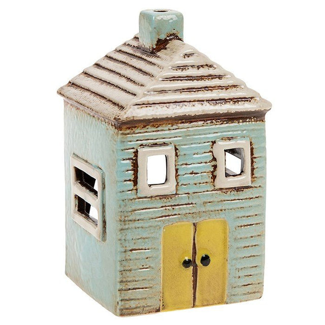 Village Pottery 12.5cm Blue Ribbed House Tealight Holder - 291340 - Old Railway Line Garden Centre