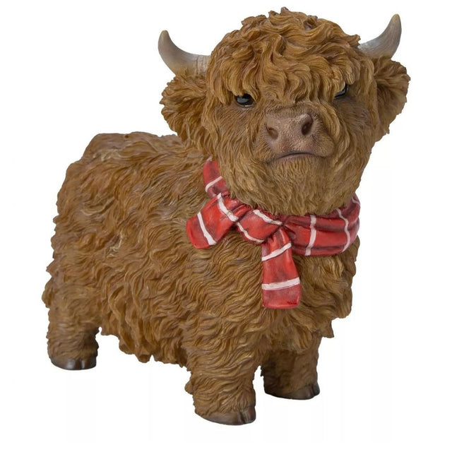 Vivid Arts 15cm Real Life Mini Highland Cow with Scarf Garden Ornament - Old Railway Line Garden Centre