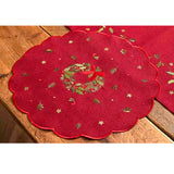 Walton & Co 35cm Scalloped Embroidered Holly Wreath  Placemat Red