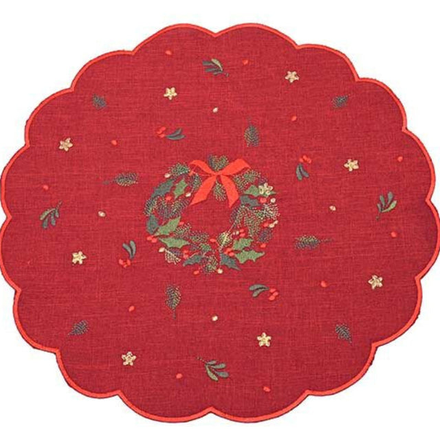 Red round placemat with a Christmas wreath design on a white background