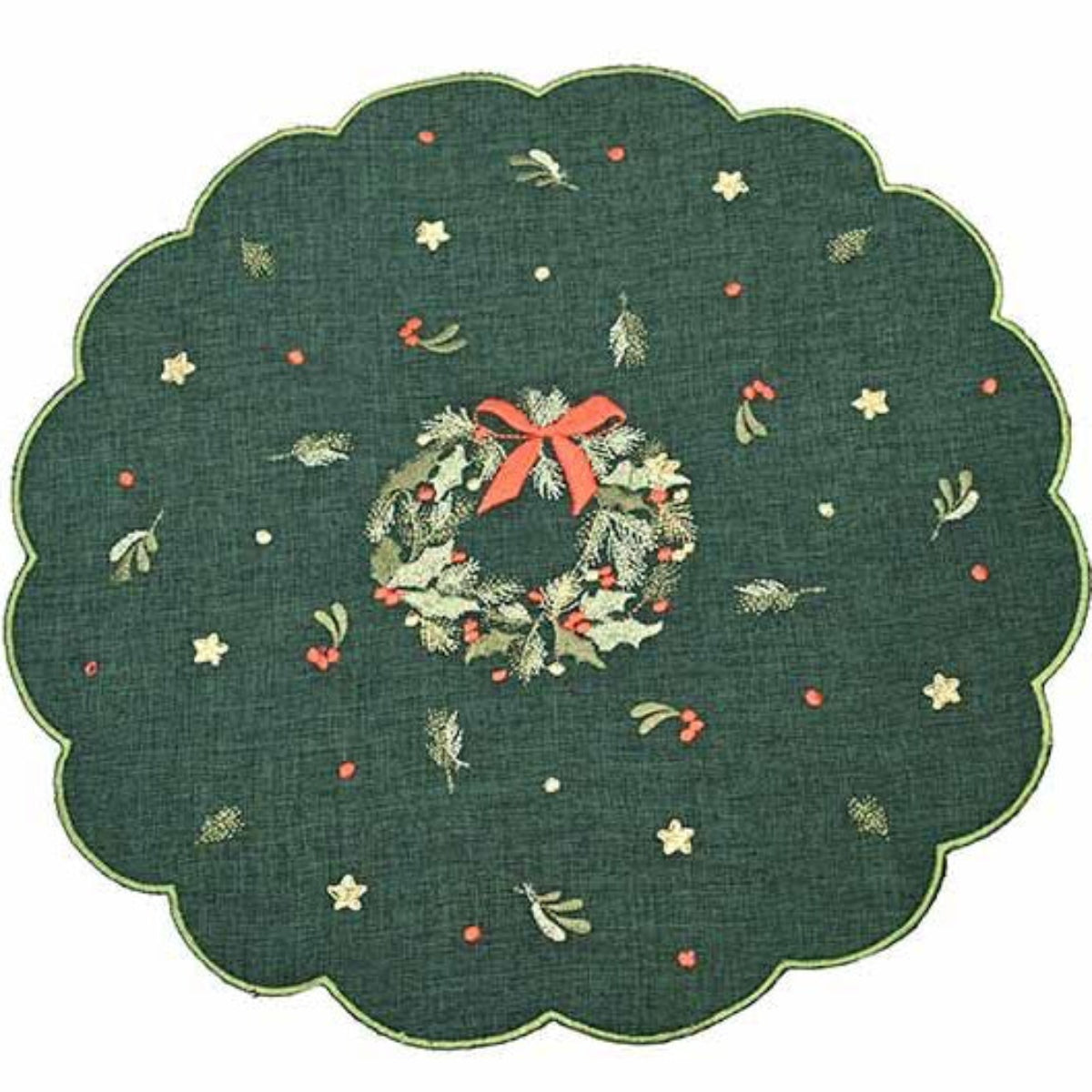 Decorative green mat with a Christmas wreath design on a white background