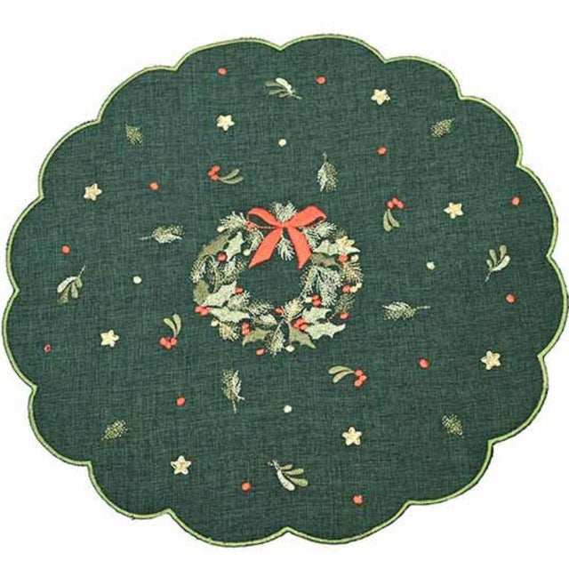 Decorative green mat with a Christmas wreath design on a white background
