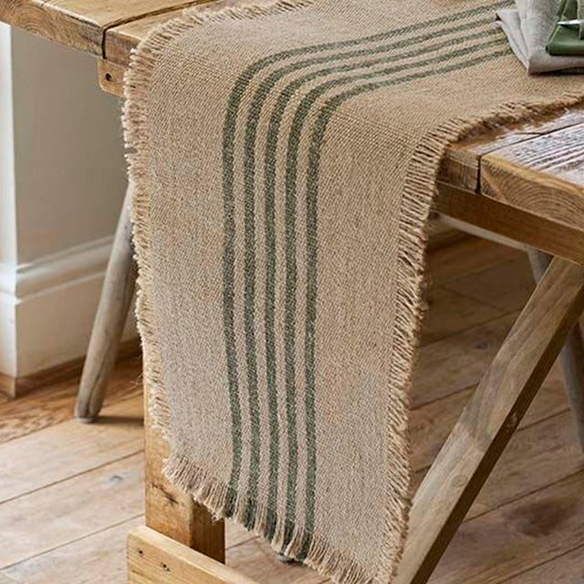 Walton & Co 180cm Jute Stripe Table Runner Olive - Old Railway Line Garden Centre