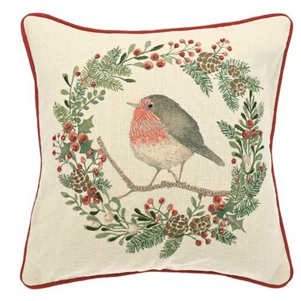 Walton & Co 43cm Robin & Wreath Cushion