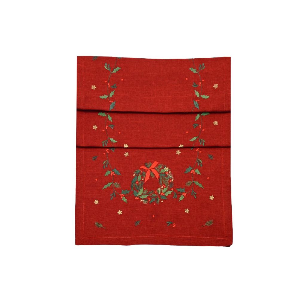 Walton & Co Red Embroidered Wreath Tail Runner