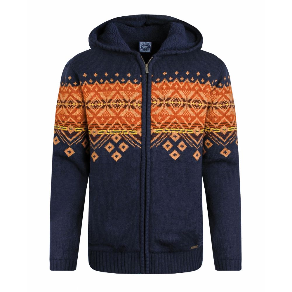 Weird Fish Bradwood Borg Lined Fair Isle Knit Full Zip Hoodie - Midnight