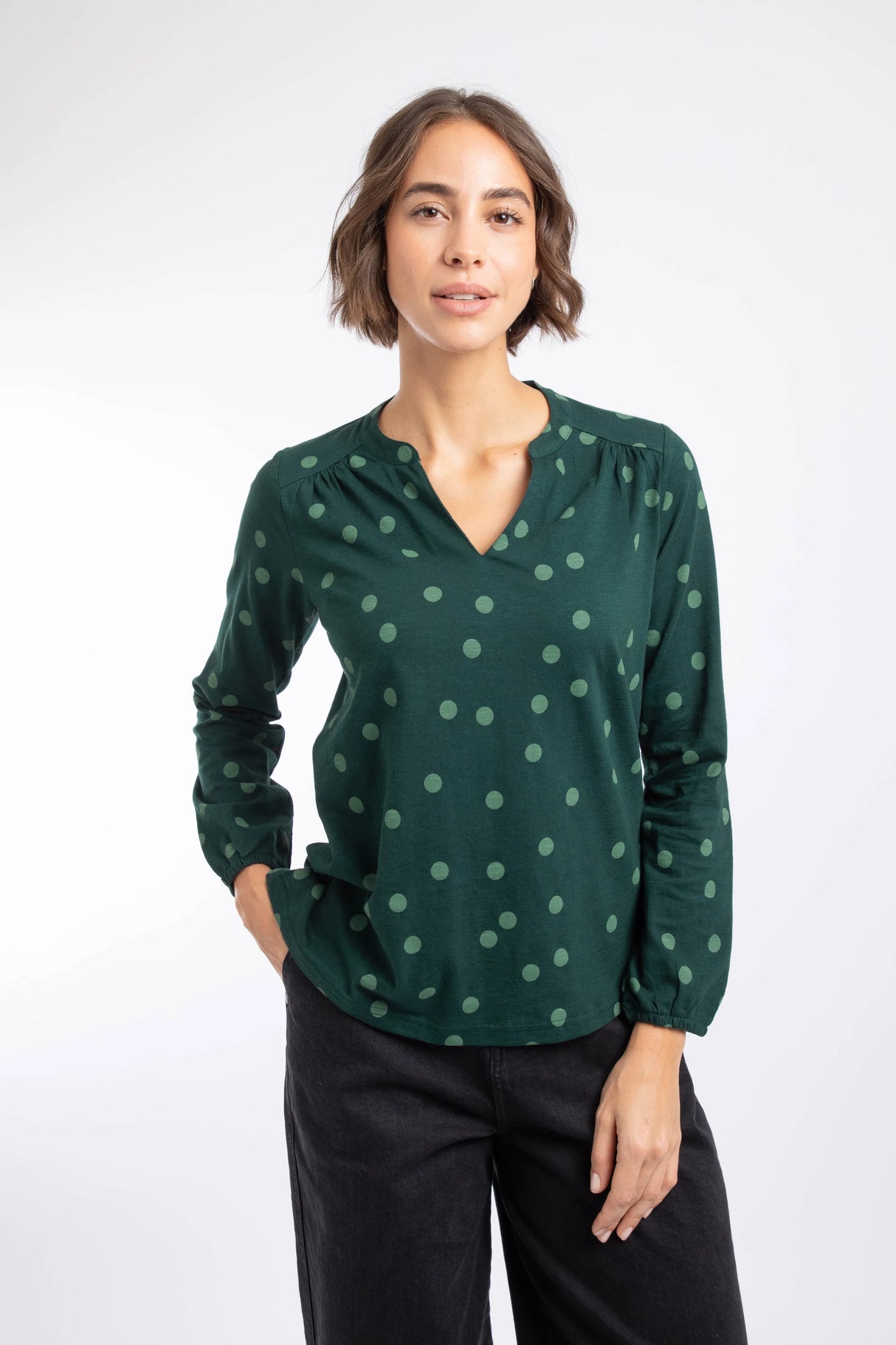 Weird Fish Brooke Printed V Neck Jersey Top - Bamboo Green