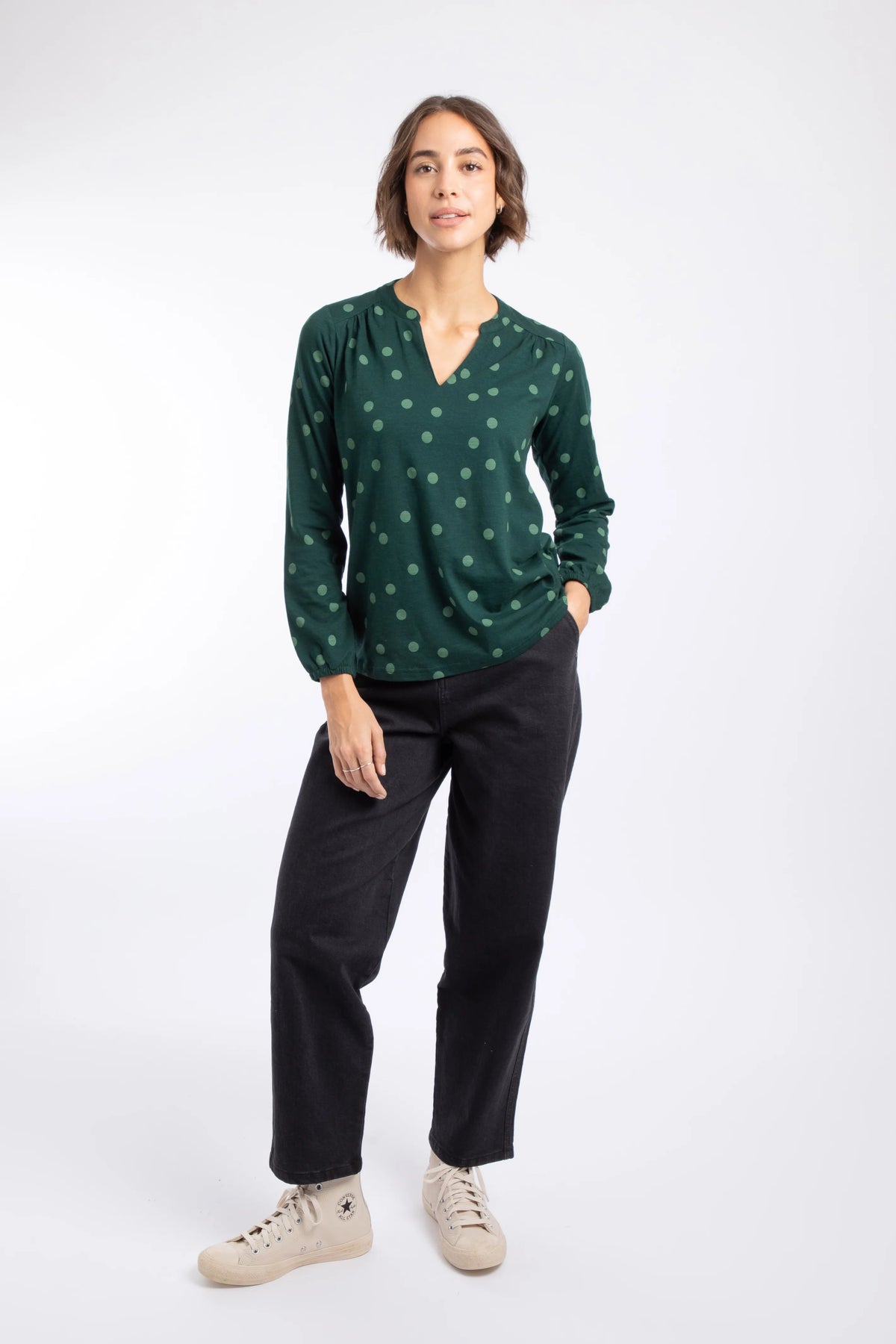 Weird Fish Brooke Printed V Neck Jersey Top - Bamboo Green