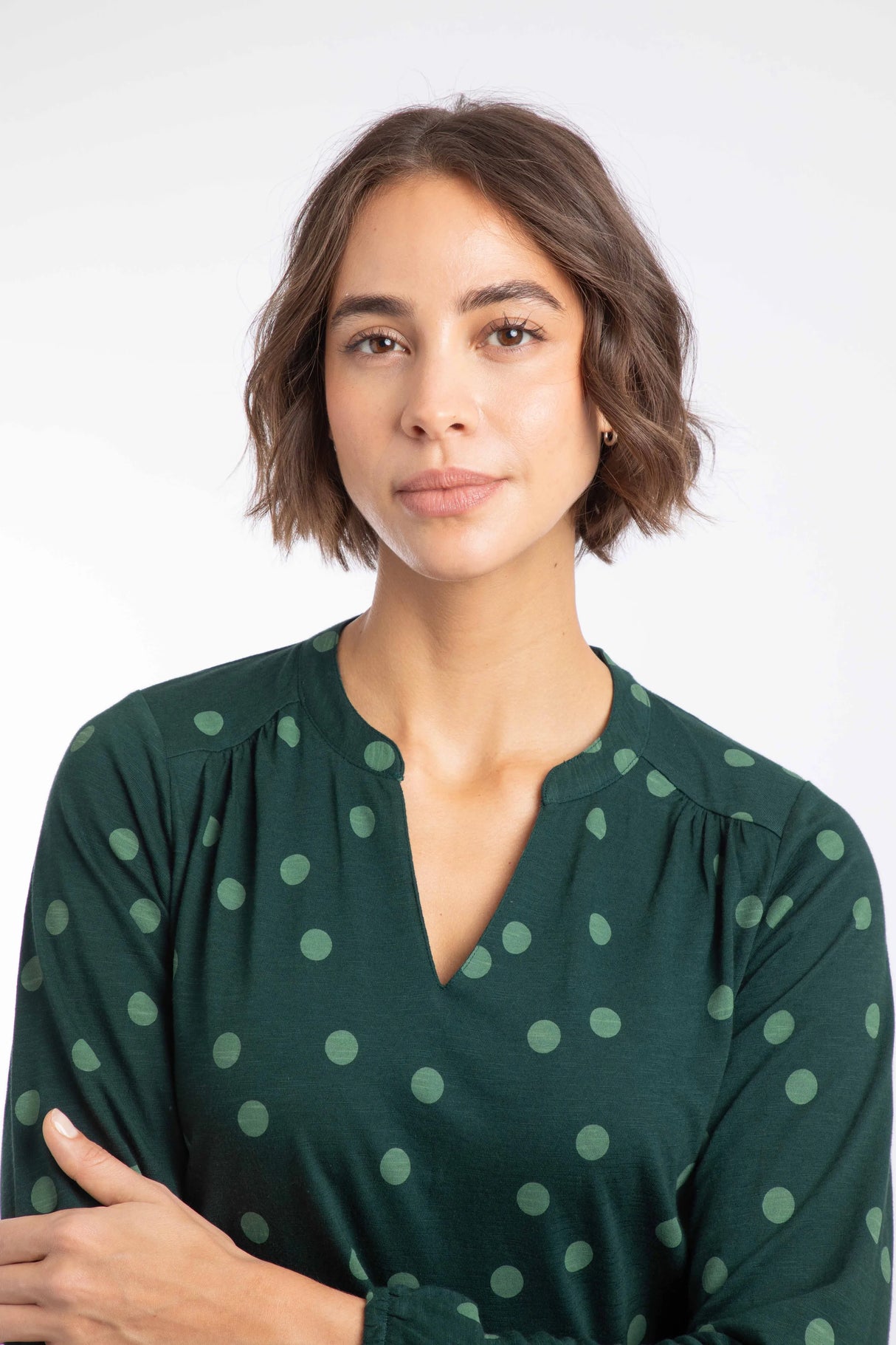 Weird Fish Brooke Printed V Neck Jersey Top - Bamboo Green
