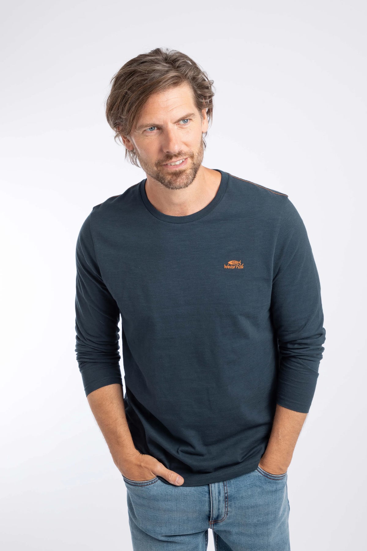 Weird Fish Fins Branded Long Sleeve T-Shirt - Navy