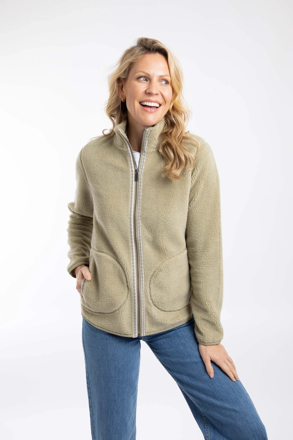 Weird Fish Lucille Lightweight Full Zip Borg Fleece - Laurel Green
