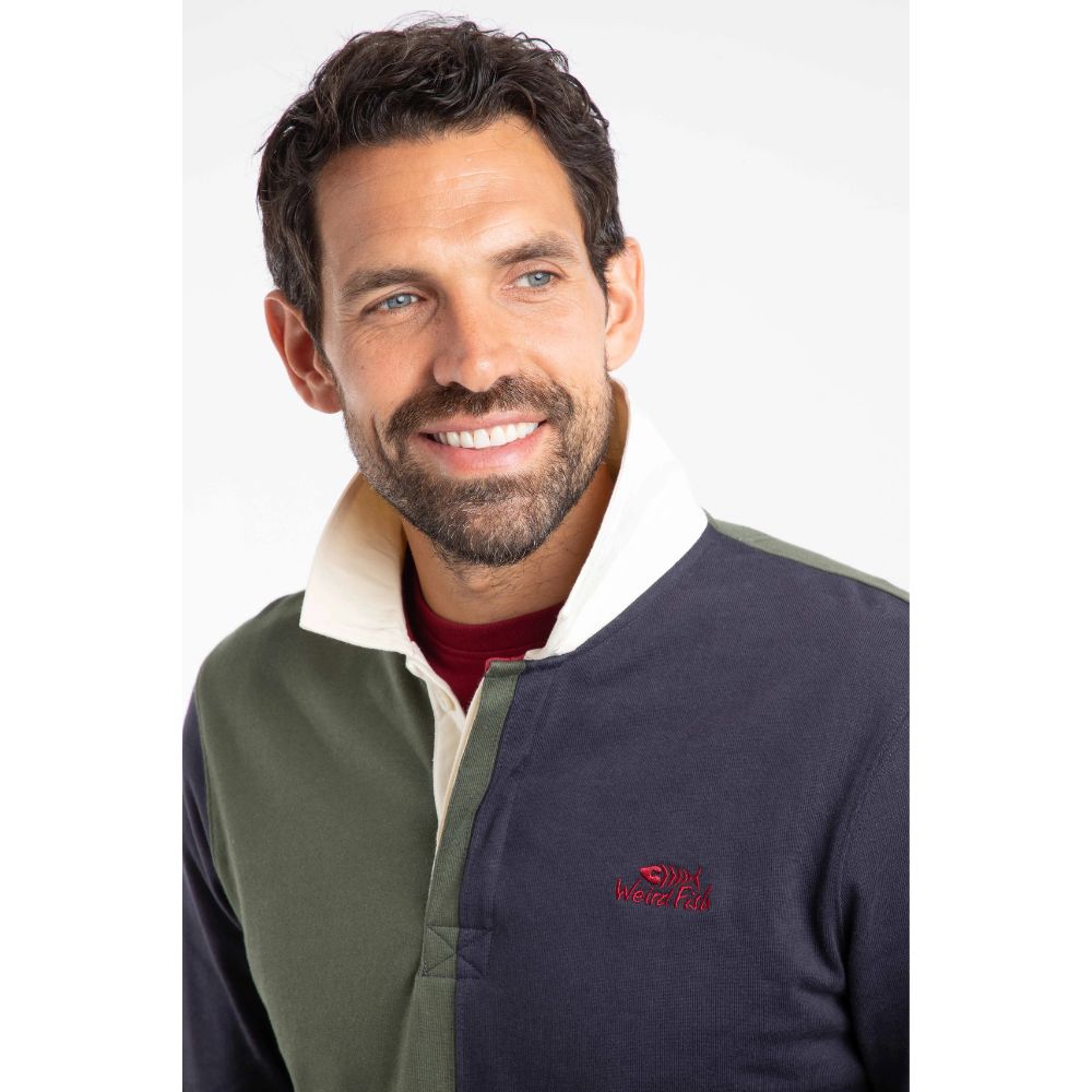 Weird Fish Lyon Organic Cotton Colour Block Rugby Shirt - Deep Lichen Green