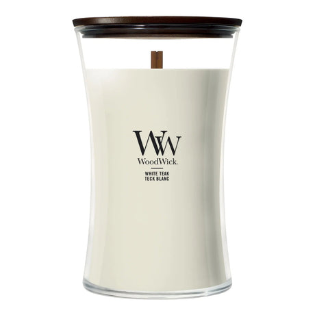 Wood Wick White Teak Large Hourglass Candle - Old Railway Line Garden Centre