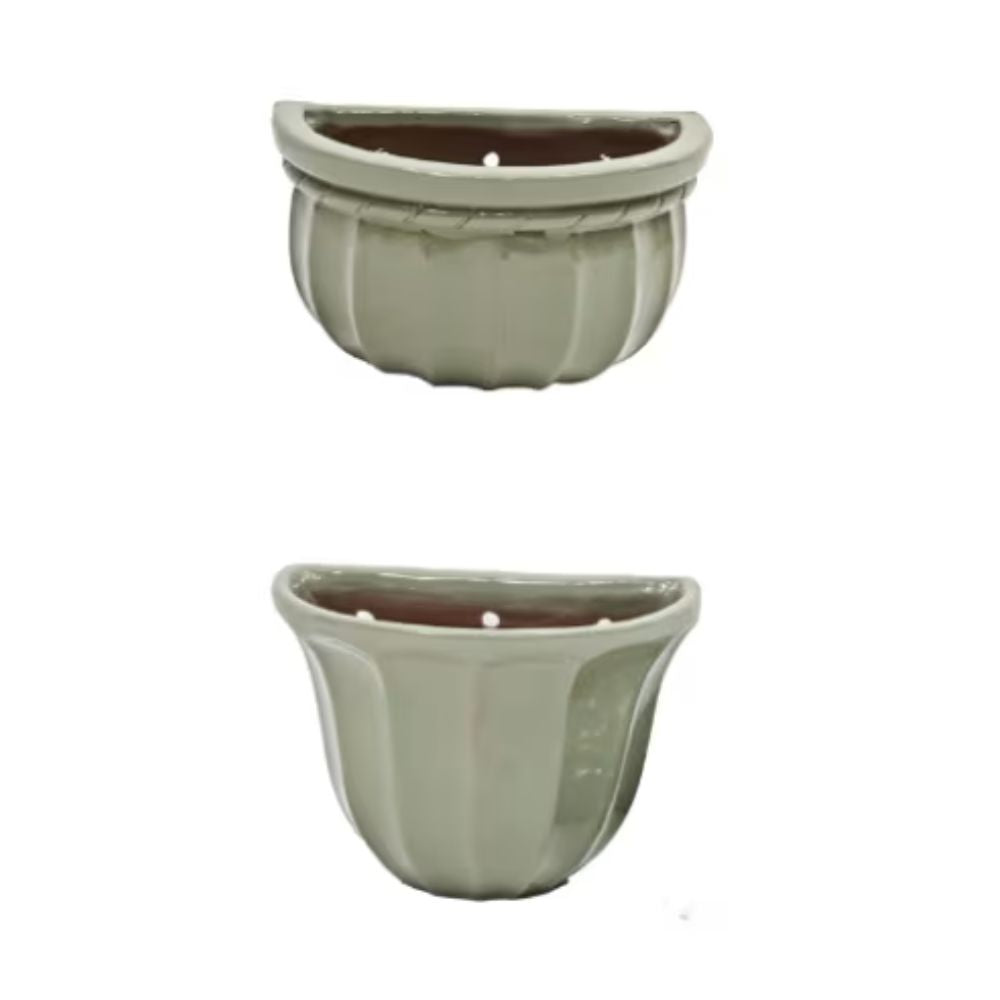 Woodlodge 20cm Green Ribbed Glazed Wall Pot (Choice of 2)