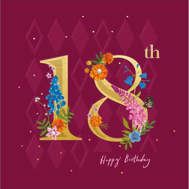 Woodmansterne 18th Gold Text Floral Butterfly Birthday Card - Old Railway Line Garden Centre
