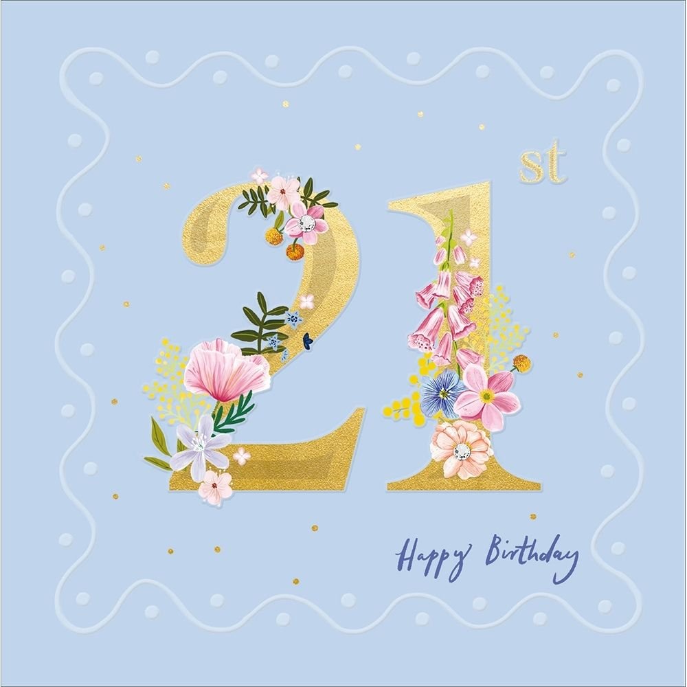 Woodmansterne 21st Gold Floral Text Happy Birthday Card - Old Railway Line Garden Centre