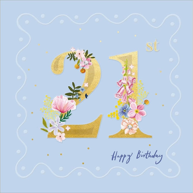 Woodmansterne 21st Gold Floral Text Happy Birthday Card - Old Railway Line Garden Centre