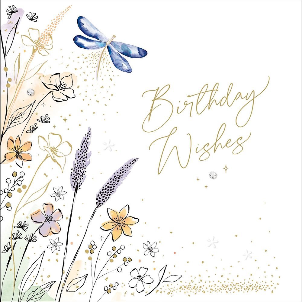 Woodmansterne Birthday Wishes Dragonfly & Wildflowers Card - Old Railway Line Garden Centre