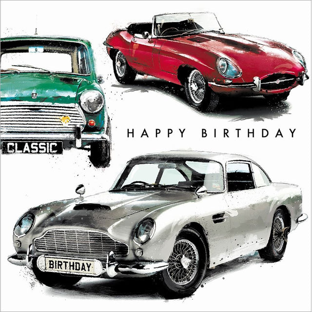 Woodmansterne Classic Cars Birthday Card - Old Railway Line Garden Centre
