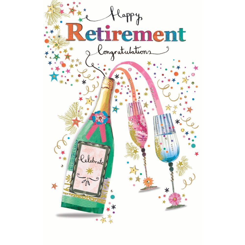 Woodmansterne Colourful Champagne Happy Retirement Card - Old Railway Line Garden Centre