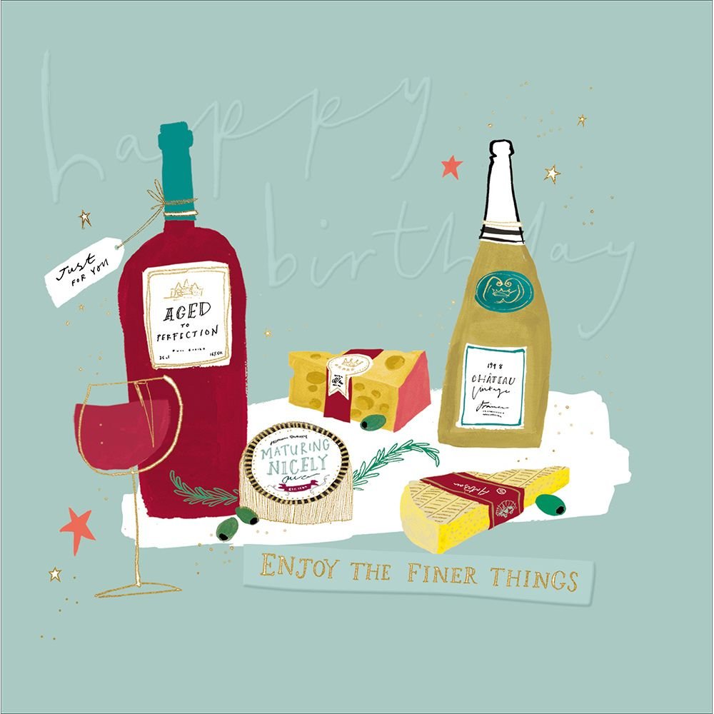 Woodmansterne Finer Things Wine & Cheese Birthday Card - Old Railway Line Garden Centre