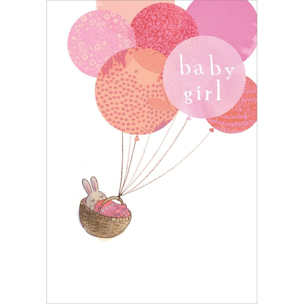 Woodmansterne Girl Rabbit & Balloons New Baby Card - Old Railway Line Garden Centre