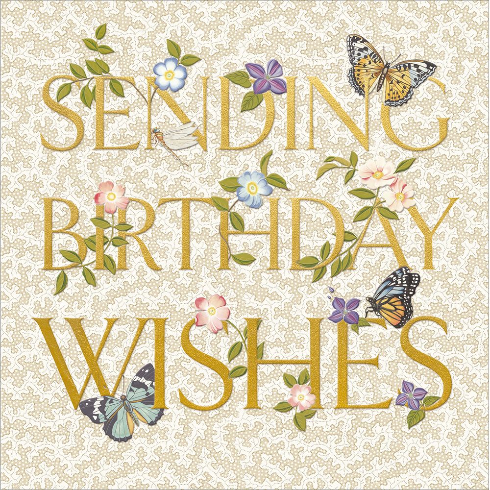 Woodmansterne Gold Text Birthday Wishes Flowers & Butterflies Card