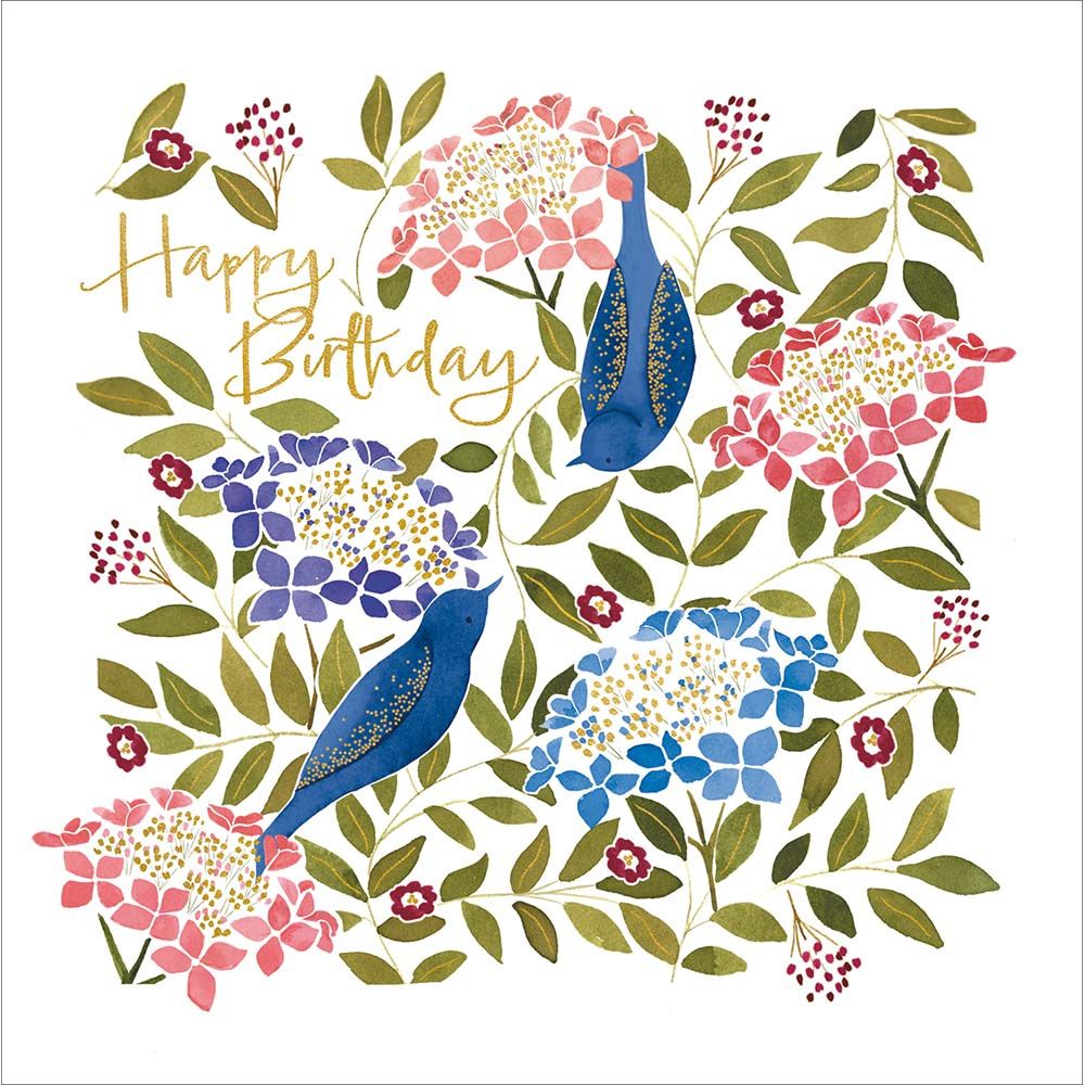 Woodmansterne Gold Text Blue Birds Spring Garden Birthday Card