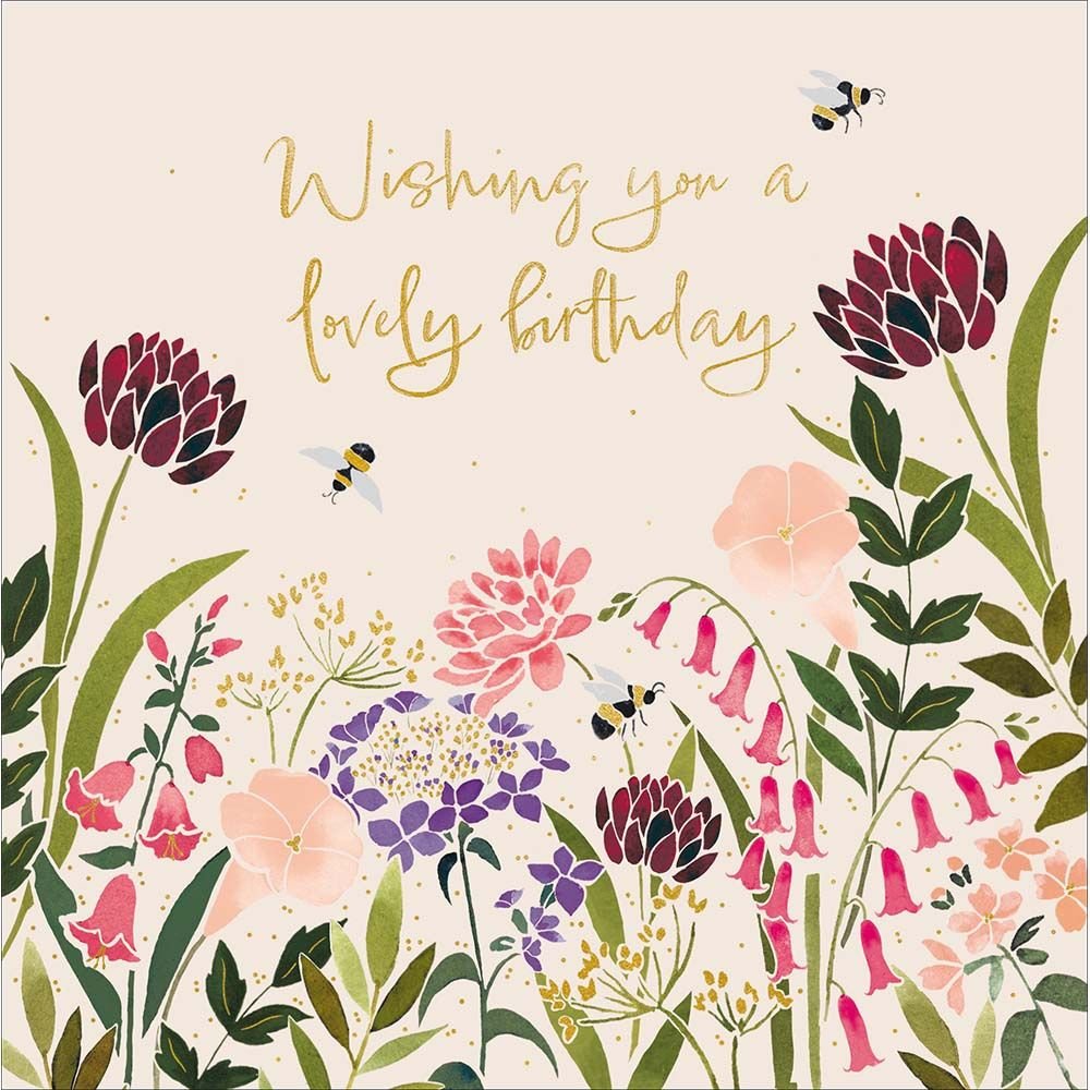 Woodmansterne Gold Text Wishing Birthday Flowers and Bees Card - Old Railway Line Garden Centre