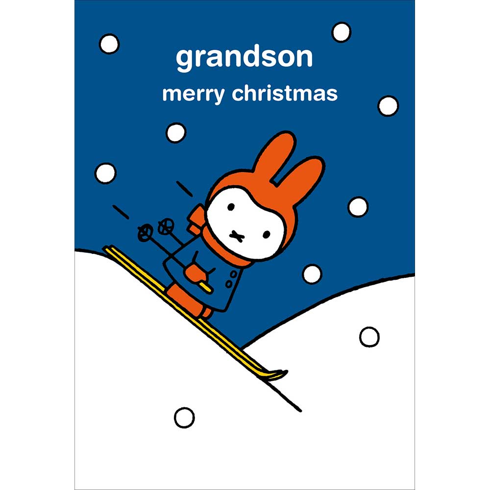Woodmansterne Grandson - Miffy Skiing Down Hill Christmas Card