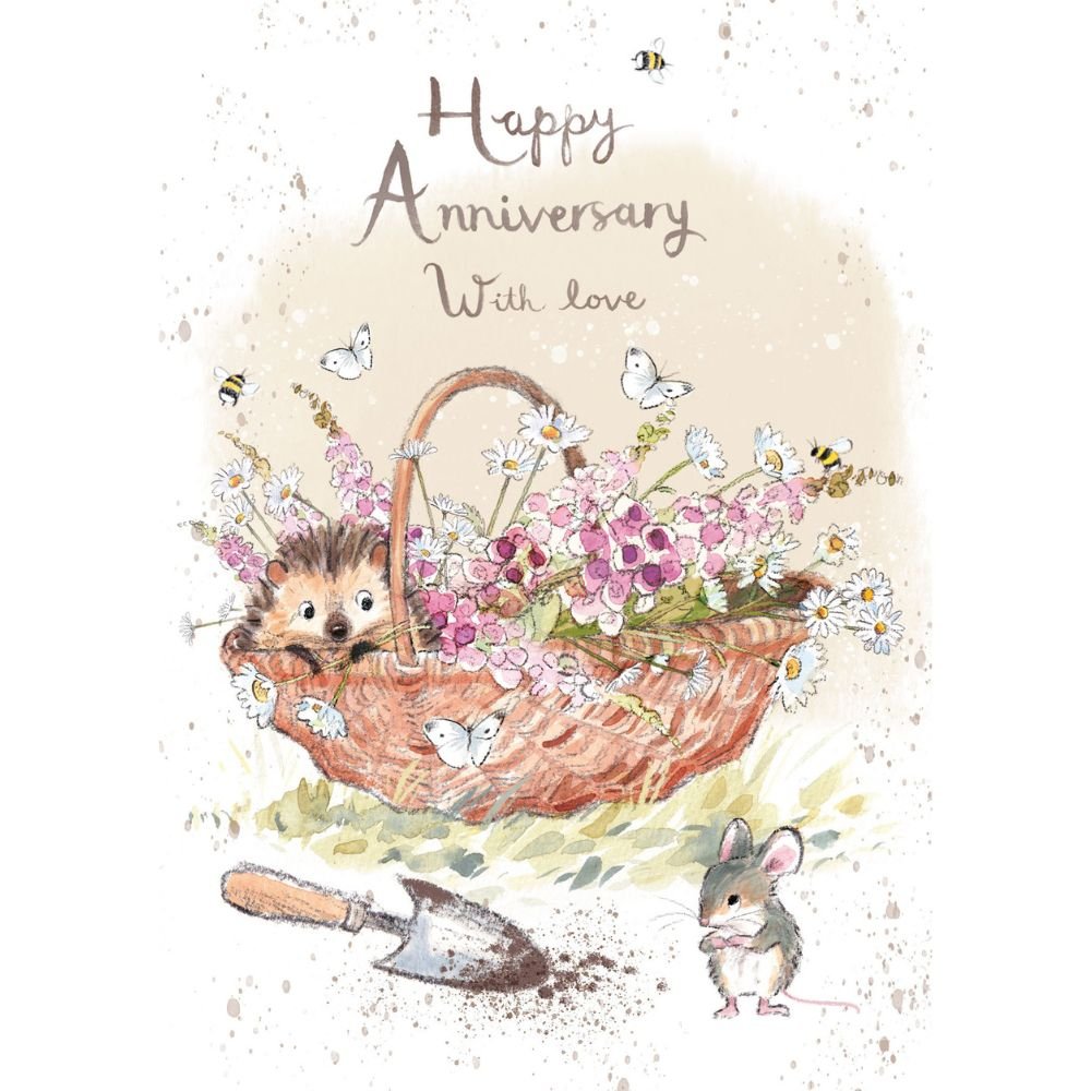 Woodmansterne Hedgehog in Flower Basket Anniversary Card - Old Railway Line Garden Centre