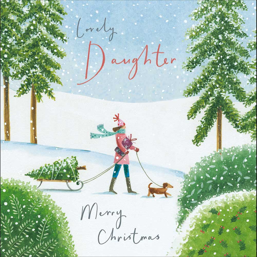 Woodmansterne Lovely Daughter - Walking Dog in Snow Christmas Card