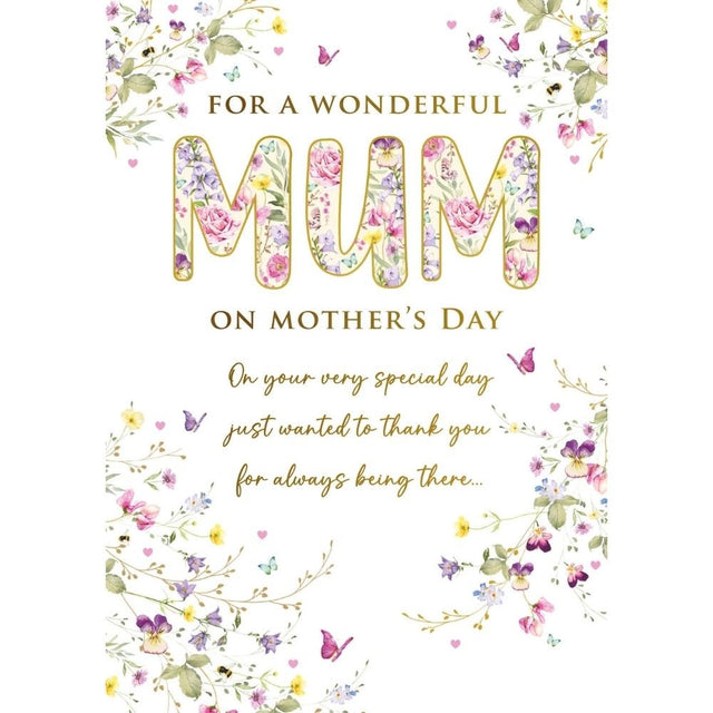 Woodmansterne Mum Gold Floral Text Mother's Day Card - Old Railway Line Garden Centre