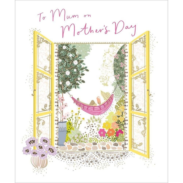Woodmansterne Mum Relaxing Window Mother's Day Card - Old Railway Line Garden Centre