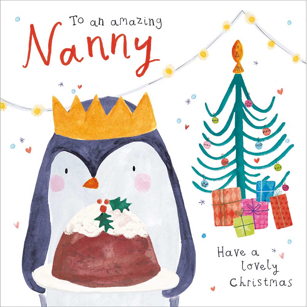 Woodmansterne Nanny - Penguin Holding Christmas Pudding Card