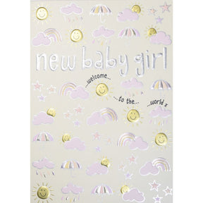 Woodmansterne Pink Foil Sky New Baby Card - Old Railway Line Garden Centre