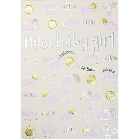 Woodmansterne Pink Foil Sky New Baby Card - Old Railway Line Garden Centre