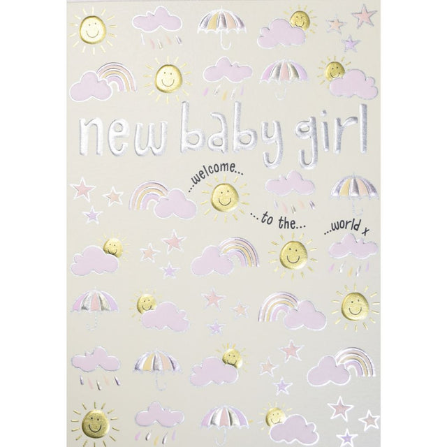 Woodmansterne Pink Foil Sky New Baby Card - Old Railway Line Garden Centre