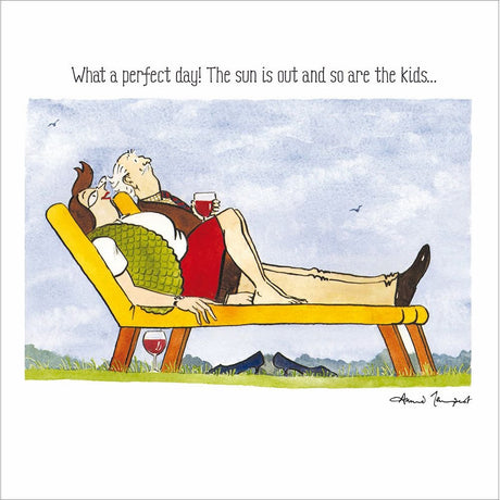 Woodmansterne Relaxing Without the Kids Funny Blank Card - Old Railway Line Garden Centre