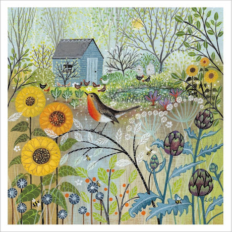 Woodmansterne Robin Sunflower Spot Blank Card - Old Railway Line Garden Centre