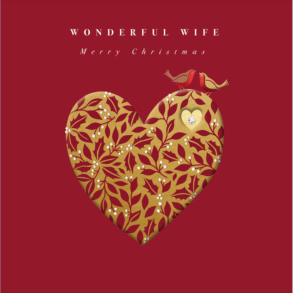 Woodmansterne Wife - Golden Holly Heart Christmas Card