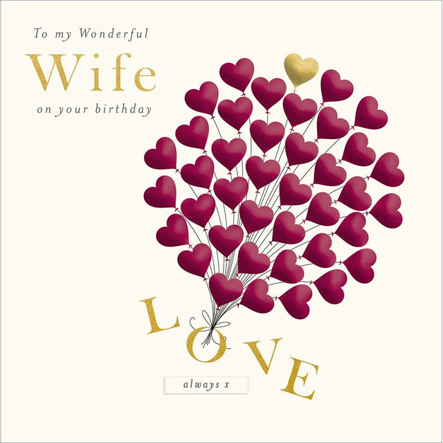Woodmansterne Wife Love Heart Balloons Birthday Card - Old Railway Line Garden Centre